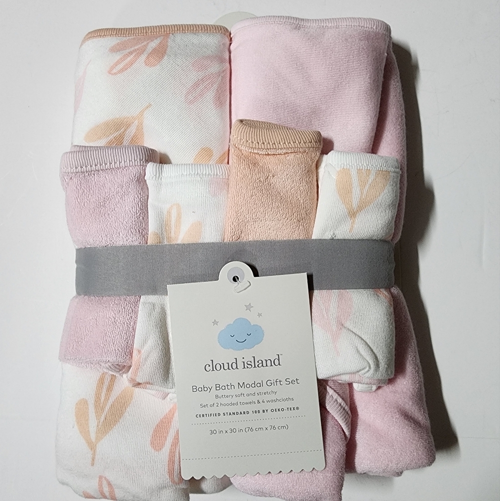 Cloud Island Baby Bath Modal Gift Set of 6, Hooded Towels & Washcloths, NIP